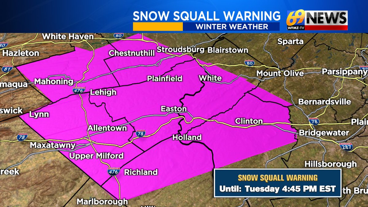 Snow squall warnings extended south to cover all of the Lehigh Valley into Upper Bucks County as well as neighboring Warren/Hunterdon in NW NJ.   Snow showers for many...squalls for some in this area with burst of heavy snow and wind.