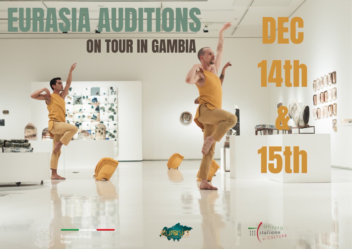 EURASIA AUDITIONS ON TOUR IN GAMBIA 

- December Saturday 14th from 2pm till 5pm &amp; December Sunday 15th from 11am till 2pm in Banjul.

APPLY HERE: 
flexfuziondanceacademy@gmail.com / +2207177996

JOIN US:
eurasiadanceproject.com
WhatsApp: +39 3394424771

#Dance #Dancer #Dancing