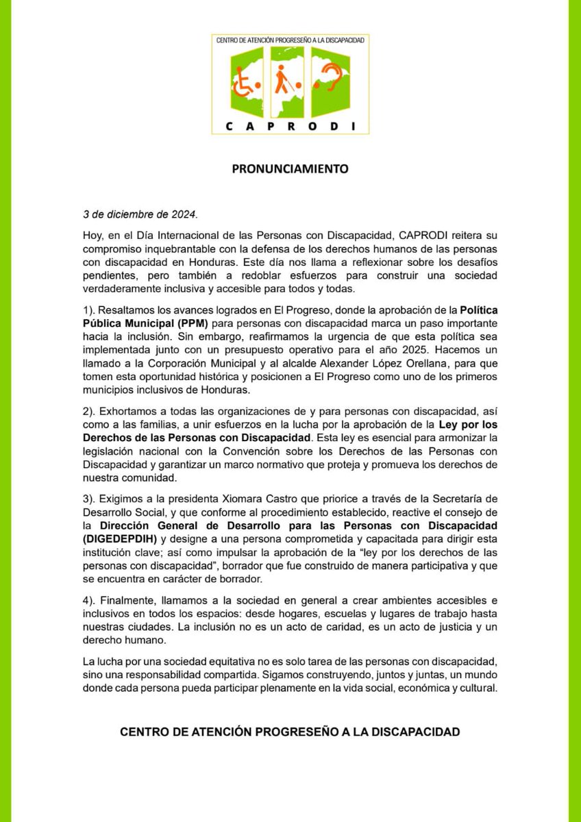 caprodihn's tweet photo. 📍 #Pronunciamiento en el marco del 3 de Diciembre, 
Día Internacional de las Personas con Discapacidad.🌍

#Inclusión #Accedibilidad #derechosdelaspersonascondiscapacidad #NacionesUnidas #Honduras 
#seguidores https://t.co/Kdc8QwJ0qH