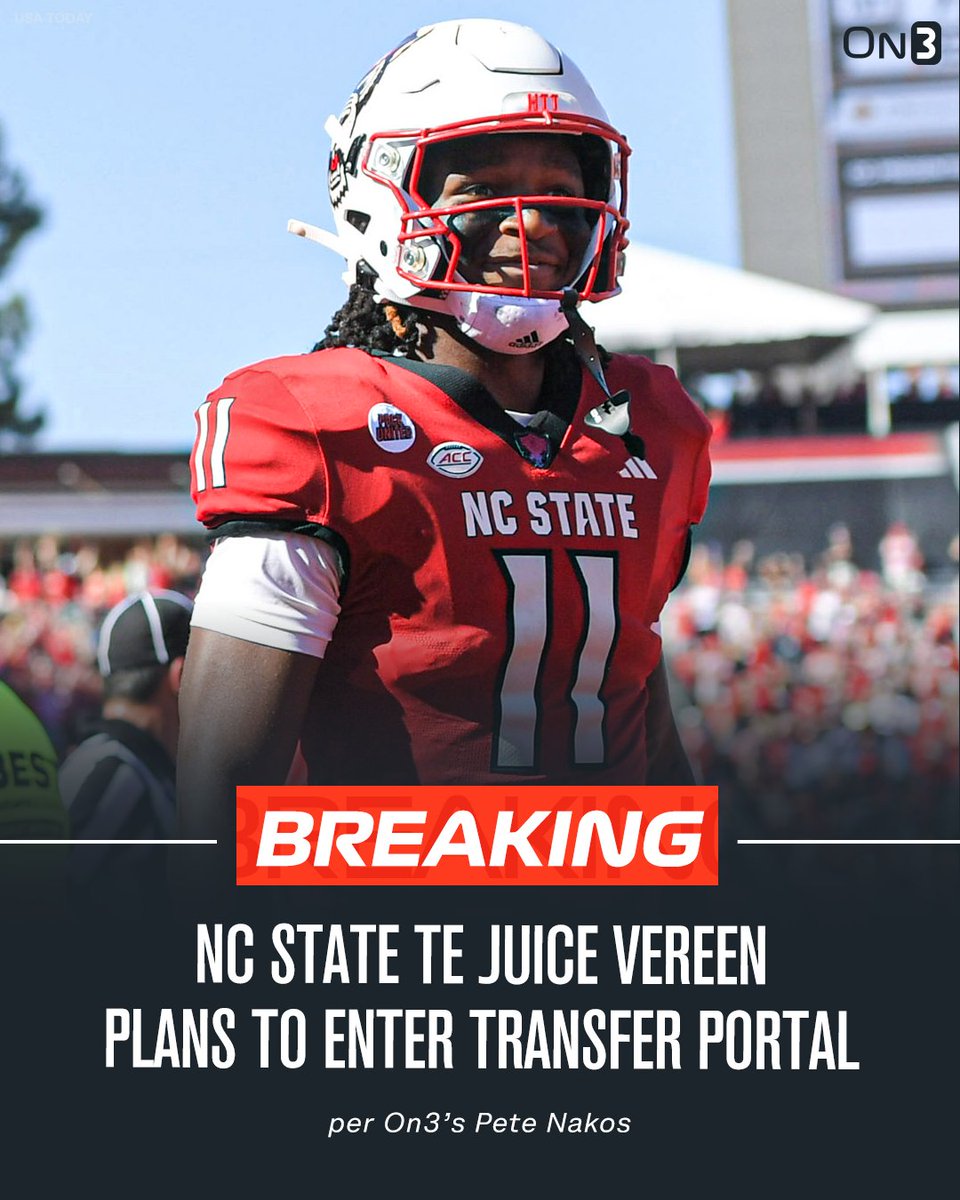 NC State tight end Juice Vereen plans to enter the transfer portal, he tells <a href="/On3sports/">On3</a>. 

The former four-star recruit has three years of eligibility remaining. 

on3.com/college/nc-sta…
