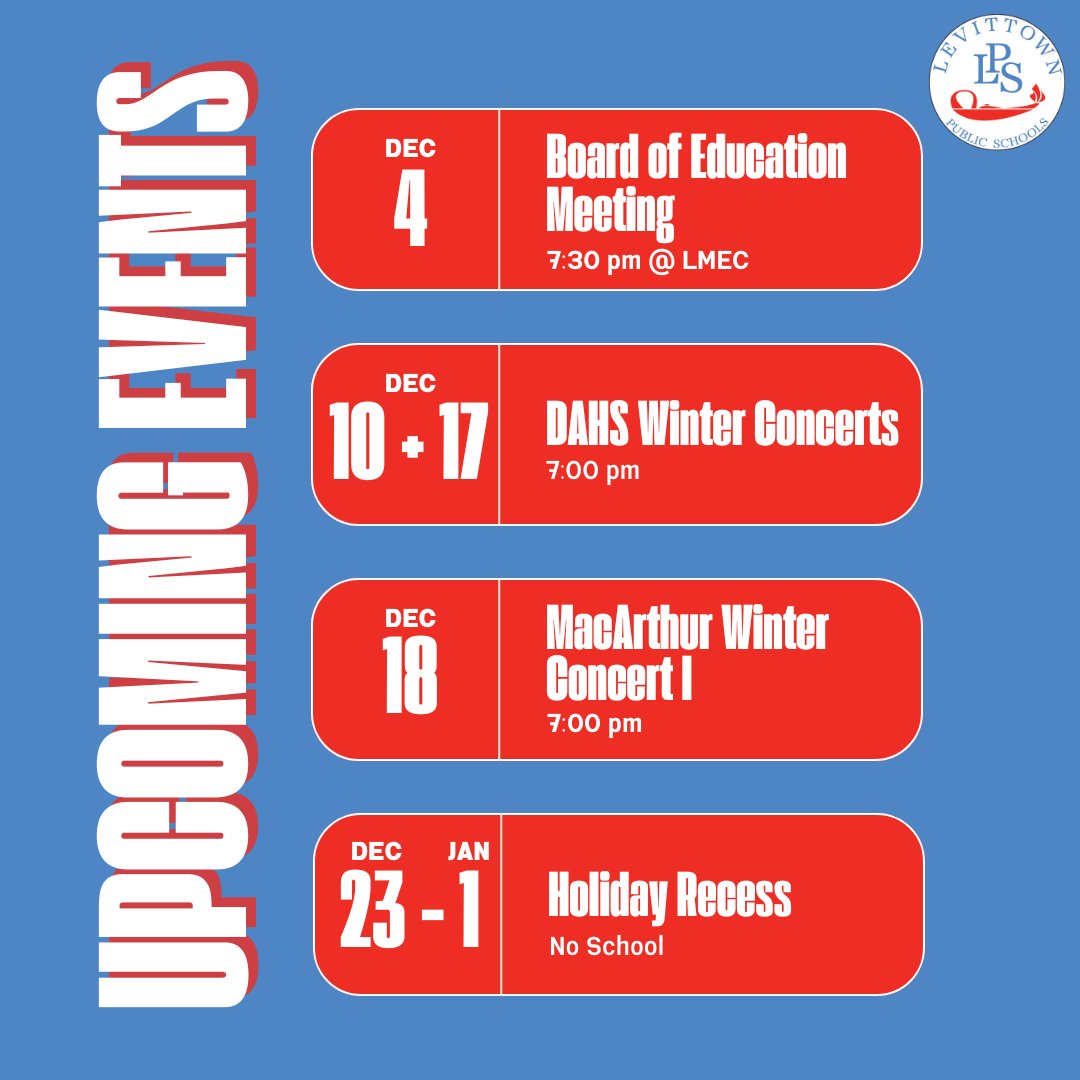 It'll be a busy December in Levittown Schools - keep these notable days in mind! #SuccessAtLPS
