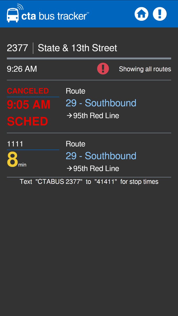 You may see something new on Bus Tracker this week—it's part of our battle against ghost buses.

We're testing the ability to show when a trip has been canceled. Hopefully you never have to see it, but if you do, it's because we're working to get you more accurate real-time info.