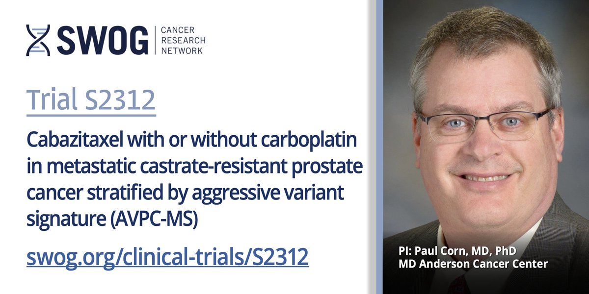 SWOG Cancer Research Network (@swog) on Twitter photo The S2312 trial in #mCRPC asks if adding carboplatin to cabazitaxel will significantly improve
radiographic PFS in patients whose tumors are aggressive variant #prostatecancer (AVPC-MS) vs
those whose tumors are not.
PI: Paul Corn, MD, PhD <a href="/MDAndersonNews/">MD Anderson Cancer Center</a>
swog.org/clinical-trial⦠The S2312 trial in #mCRPC asks if adding carboplatin to cabazitaxel will significantly improve
radiographic PFS in patients whose tumors are aggressive variant #prostatecancer (AVPC-MS) vs
those whose tumors are not.
PI: Paul Corn, MD, PhD <a href="/MDAndersonNews/">MD Anderson Cancer Center</a>
swog.org/clinical-trialā¦