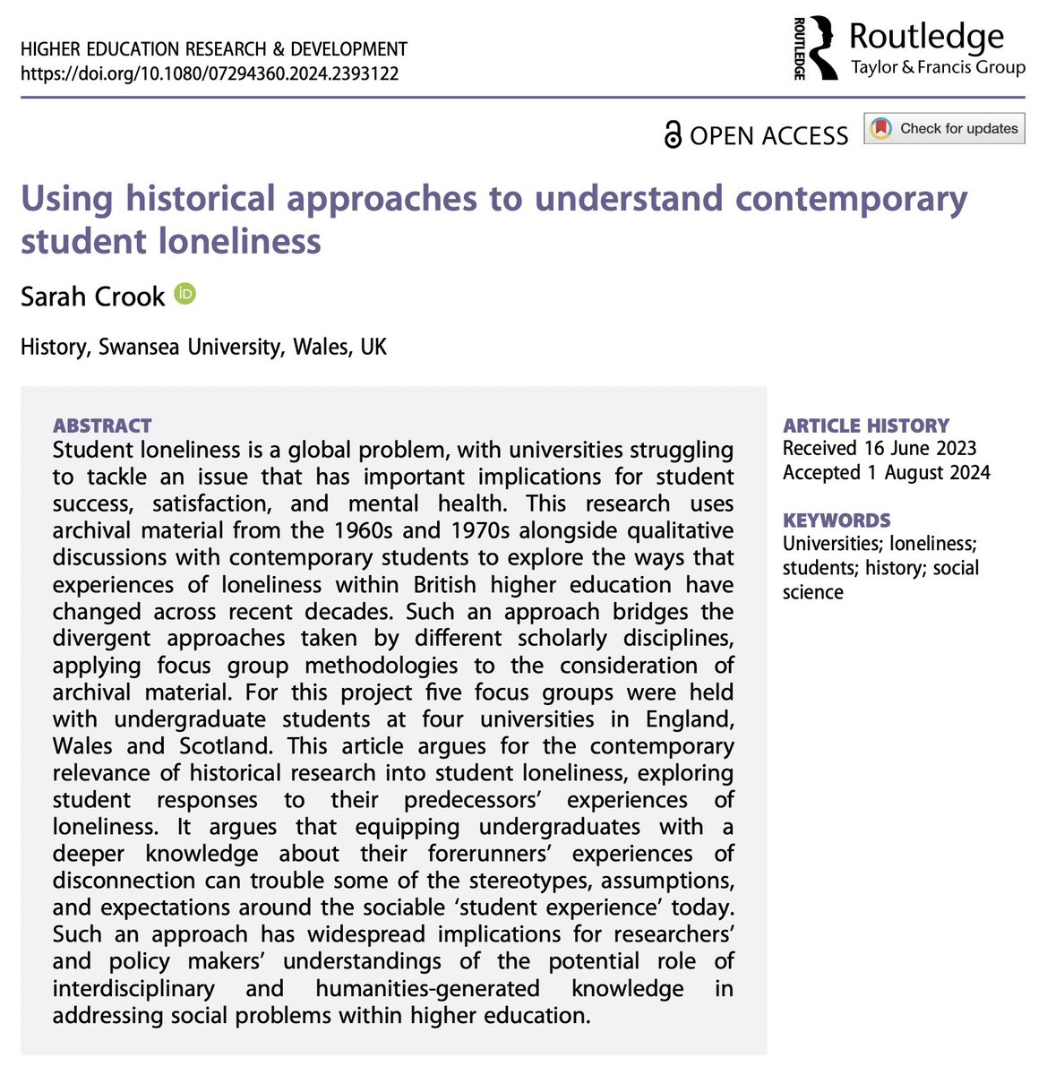 Higher Education Research and Development (@herdjournal) on Twitter photo Using historical approaches to understand contemporary student loneliness
<a href="/SarahRoseCrook/">Sarah Crook</a>, @SwanseaHistory
🔓→ doi.org/10.1080/072943…
#Universities #Loneliness #UniversityStudents #StudentLoneliness #StudentMentalHealth #HigherEd 🇬🇧 Using historical approaches to understand contemporary student loneliness
<a href="/SarahRoseCrook/">Sarah Crook</a>, @SwanseaHistory
🔓→ doi.org/10.1080/072943…
#Universities #Loneliness #UniversityStudents #StudentLoneliness #StudentMentalHealth #HigherEd 🇬🇧