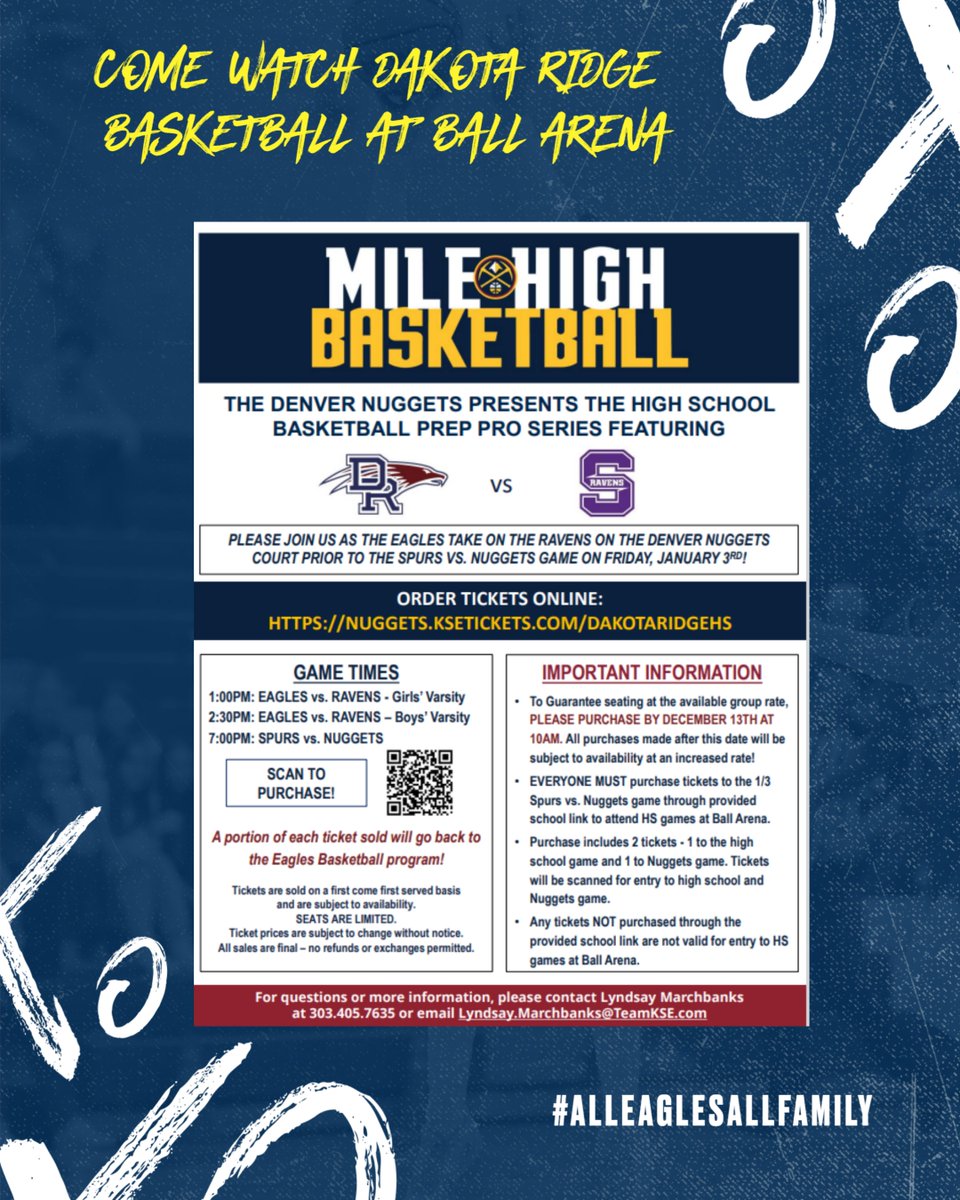 DakotaRidgeHS_Athletics (@drhs_athletics) on Twitter photo Dakota Ridge Basketball vs. Denver South at Ball Arena, January 3rd.
Get your tickets now! Dakota Ridge Basketball vs. Denver South at Ball Arena, January 3rd.
Get your tickets now!