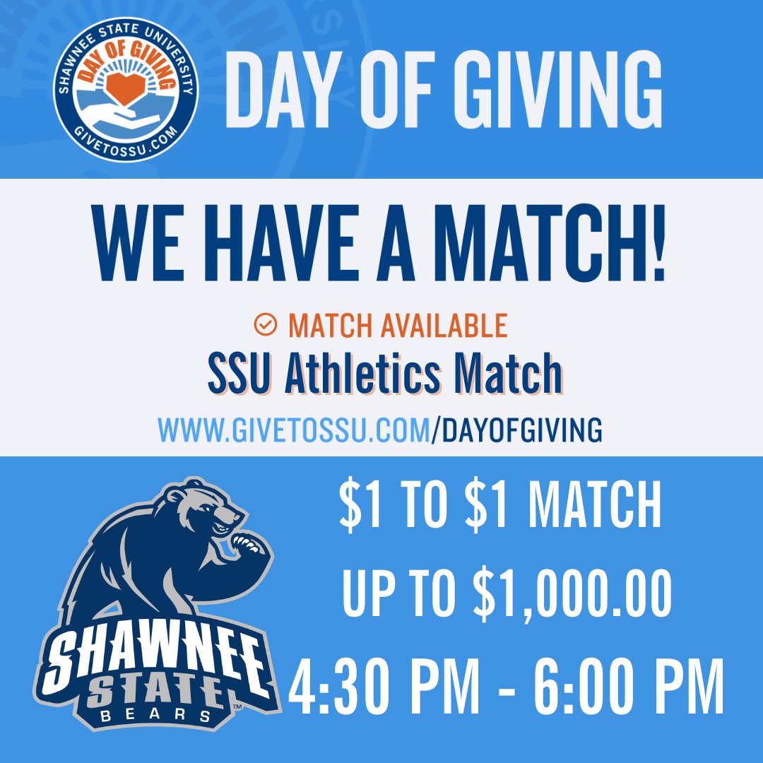 SSUAlumni's tweet image. Calling all friends and fans of the Shawnee State Bears! Between 4:30 and 6:00 PM, we have an SSU Athletics match of $1 to $1 up to $1,000! 

givetossu.com/day-of-giving

 #ShawneeStateBears #SSUAthletics #ShawneeState #ShawneeGives