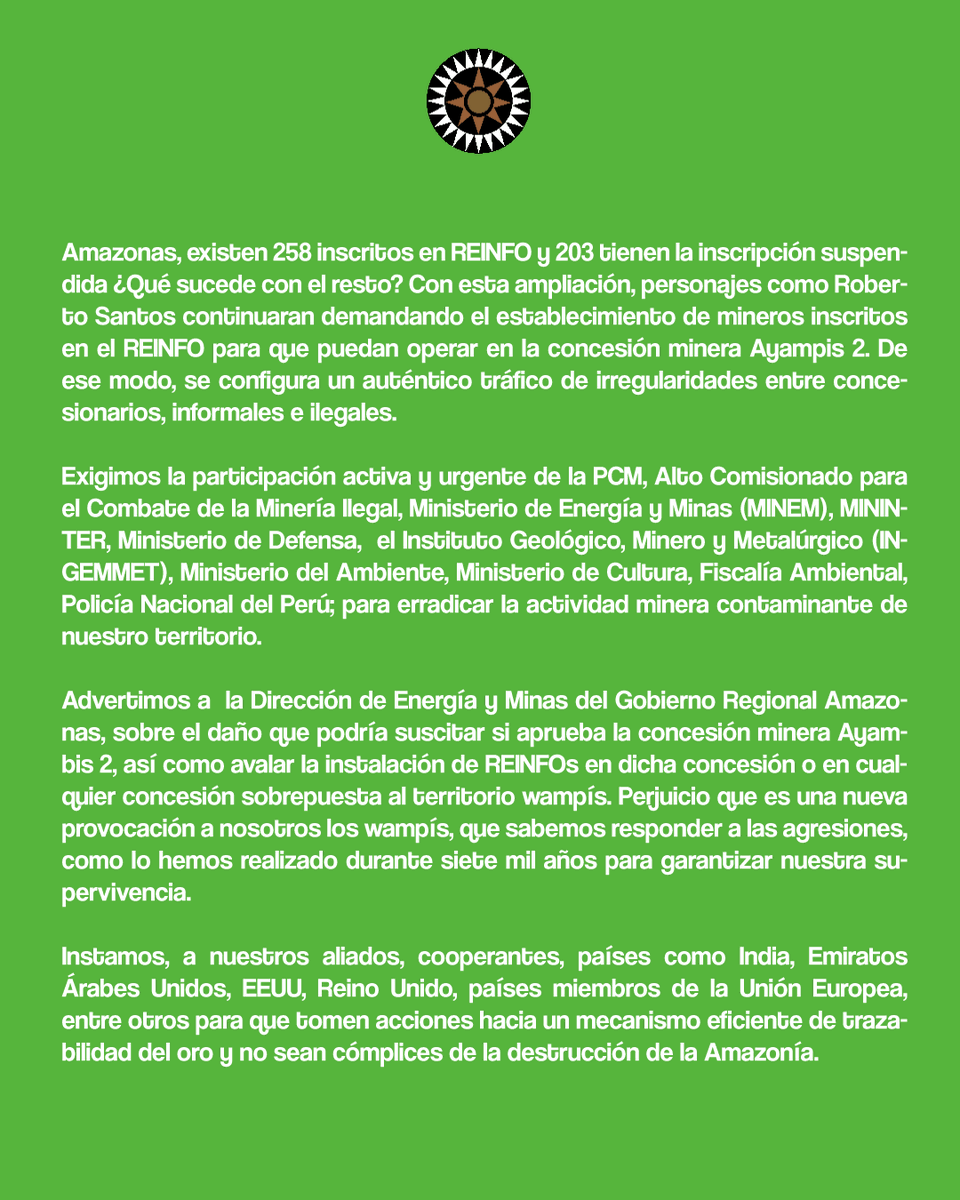 📢 ¡<a href="/NacionWampis/">Gobierno Territorial Autónomo de la Nación Wampís</a> dice NO a la minería! 🚫⛏️  

El GTANW rechaza las declaraciones realizadas en <a href="/exitosape/">Exitosa Noticias</a>  por el concesionario minero Roberto Facundo Santos Gueudet de Ayampis 1 y 2.  

La minería destruye la Amazonía y amenaza la vida.

▶️ nacionwampis.com/pronunciamient…