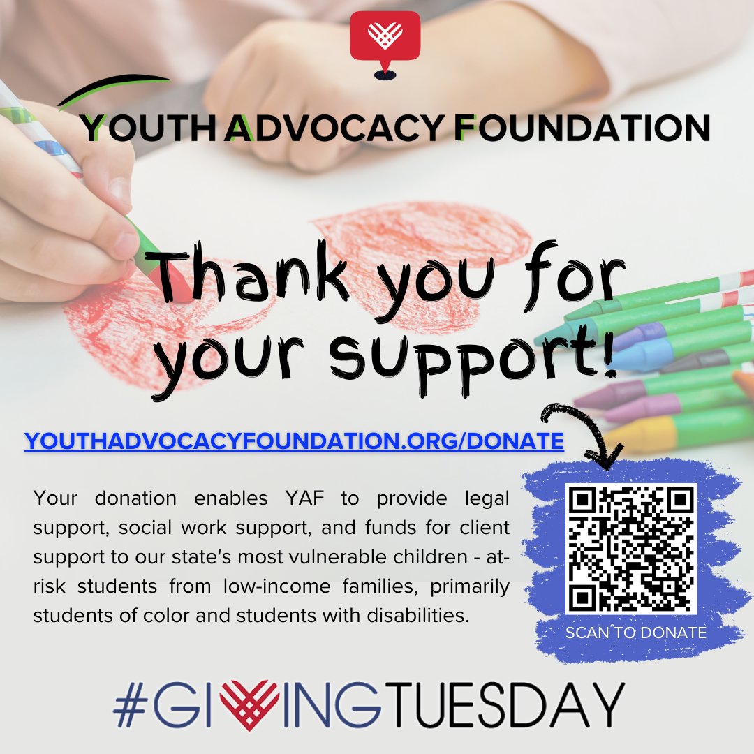 It's Giving Tuesday! To make a difference &amp; give hope to students in MA, you can make a tax-deductible donation here: youthadvocacyfoundation.org/donate
Your donation enables YAF to provide legal support, social work support, &amp; funds for client support to our state's most vulnerable kids.