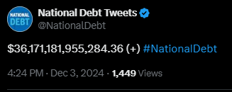 WallStreetMav's tweet photo. It has been 11 days since we reached $36 trillion in national debt. 

We are already 17% of the way to $37 trillion.

We are on pace for adding $1 trillion in debt in WAY less than 100 days. Biden and Janet Yellen are going out with a bang. https://t.co/jdvFqWTCYM