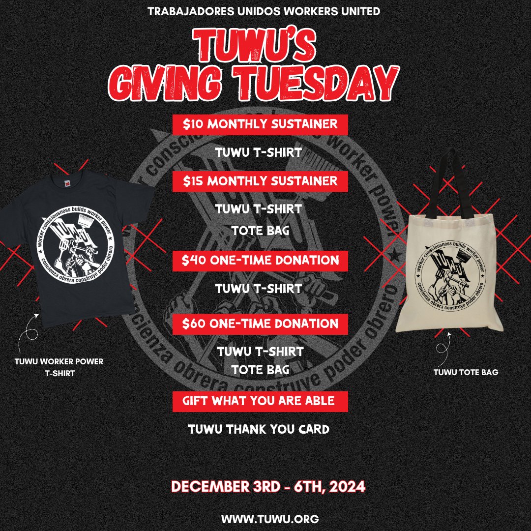 Today, we are asking for your donations this #GivingTuesday2024, to continue resourcing and growing our political education efforts and continue fostering a sharp and united working class consciousness across the Bay Area. Support TUWU today! lnkd.in/gpSG5QBB