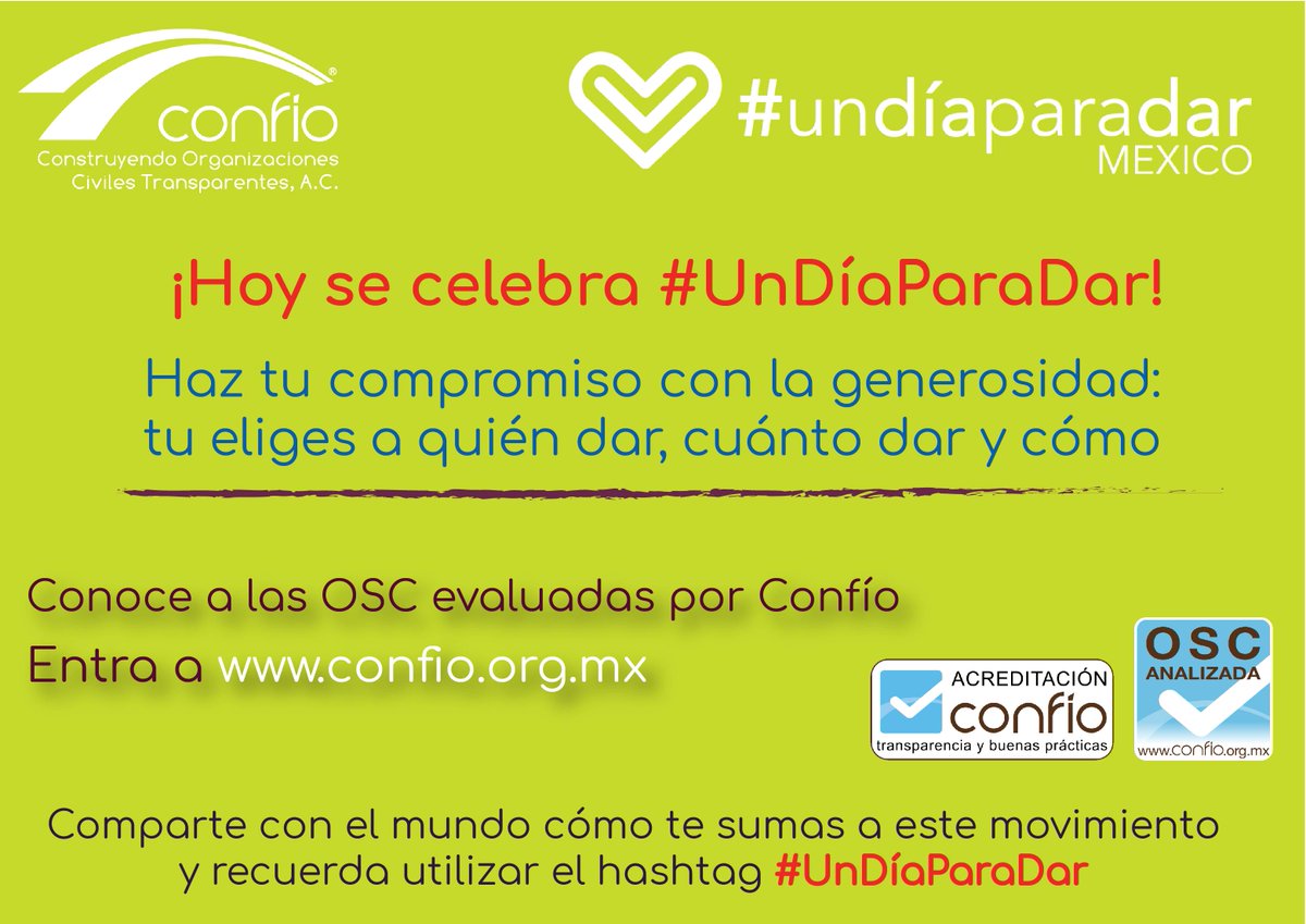 ¡Todavía estás a tiempo! Recuerda que en #UnDíaParaDar puedes apoyar de distintas formas: voluntariado, especie, efectivo, entre otras. ¿Tu ya sabes qué hacer? En confio.org.mx puedes encontrar más de 235 ideas. Conoce más sobre este movimiento en <a href="/UnDiaParaDarMX/">#UnDíaParaDar México</a>.