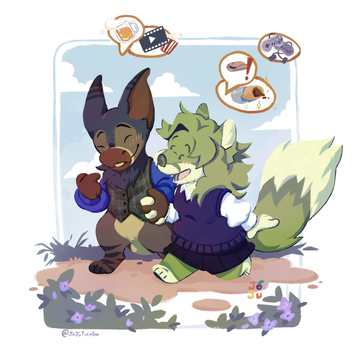 Jojuticaba's tweet photo. Commission for Ervilhaverde! 

Good company always makes the best moments~ ✨

Thank you very much for commissioning me! Always love to draw wholesome ideas~ 💛 https://t.co/RPo1zHzl6Z