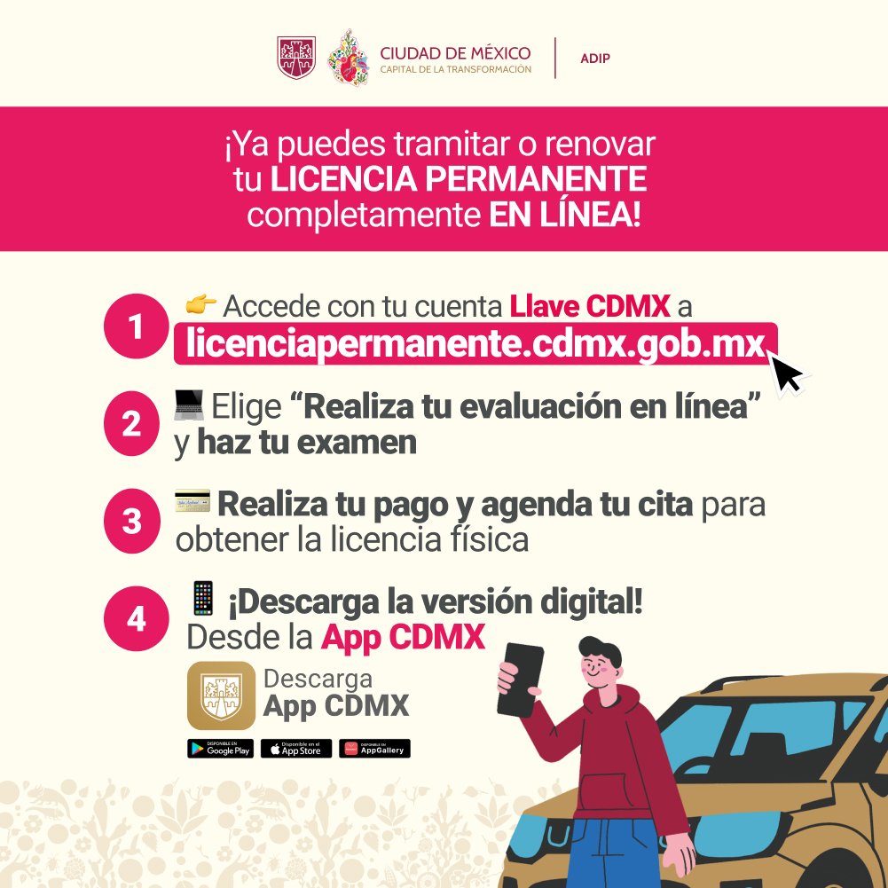 LaAgenciaCDMX's tweet photo. 🚦 ¡Tramita tu #Licenciapermanente Tipo A completamente en línea!
👉Ingresa con tu cuenta Llave CDMX a: https://t.co/NM7mICDC65
👉Realiza tu evaluación
👉Paga y agenda tu cita (para tu licencia física)
📱 Descarga la versión digital en la App CDMX. https://t.co/Xv3a1vuvaO