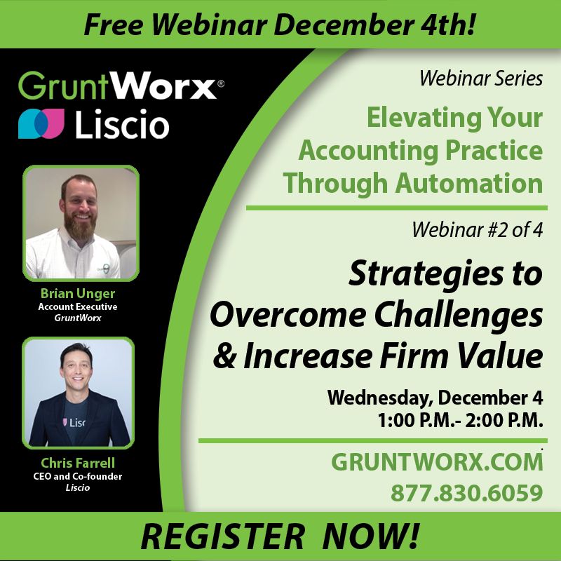 Join GruntWorx and Liscio for the 2nd webinar in this series, Strategies to Overcome Challenges and Increase Firm Value! December 4th, 1pm-2pm ET. Register here: 
bigmarker.com/gruntworx/Stra…
#Liscio #GruntWorx #CPA