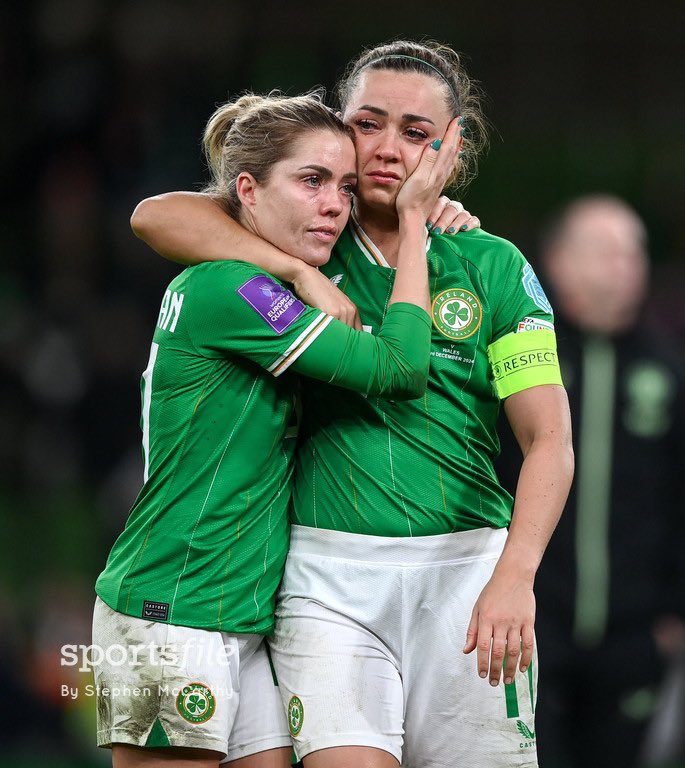 sportsfile's tweet photo. So close 

Denise O'Sullivan and Katie McCabe of Republic of Ireland after defeat to Wales in the UEFA Women's EURO 2025 Play-off Round Two second leg match tonight.

📸 @SportsfileSteve 

https://t.co/pZNSn1Twab https://t.co/ZKdTfx90hk