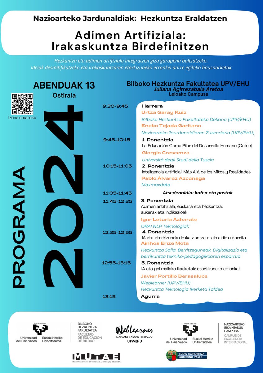 Adimen artifizialari bizkarra ematea iraganean sexu-afektiboaren heziketarekin gertatutakoa bezalakoa da: ez du haren existentzia eragotziko, baina bai behar bezala ulertu eta kudeatzeko gaitasuna mugatuko du. <a href="/bhf_feb/">Bilboko Hezkuntza F. de Educación de Bilbao</a> <a href="/upvehu/">UPV/EHU</a> <a href="/weblearnerehu/">Weblearner</a> <a href="/MutaeMaster/">MUTAE Master UPV/EHU</a>
