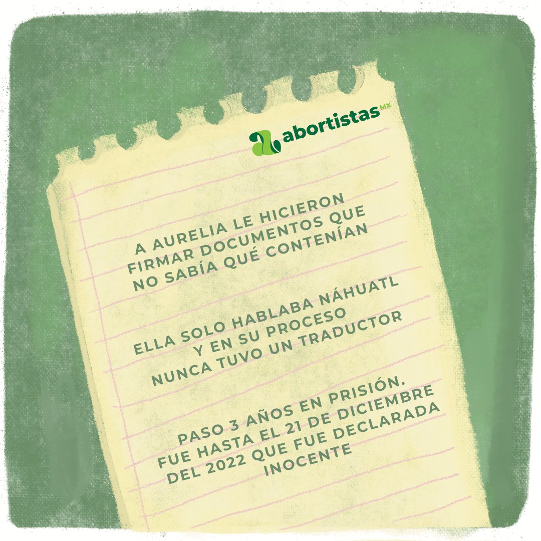 AbortistasMx's tweet photo. La historia de Aurelia no debe repetirse. La @SCJN ya lo dijo: no se debe criminalizar a las mujeres y otras personas con posibilidad de gestar por abortar o vivir una emergencia obstétrica.
Abortar será ley para todas, todos y todes. 💚✨
#AbortoLegalMéxico #SJCN https://t.co/WytA7Bzqf2