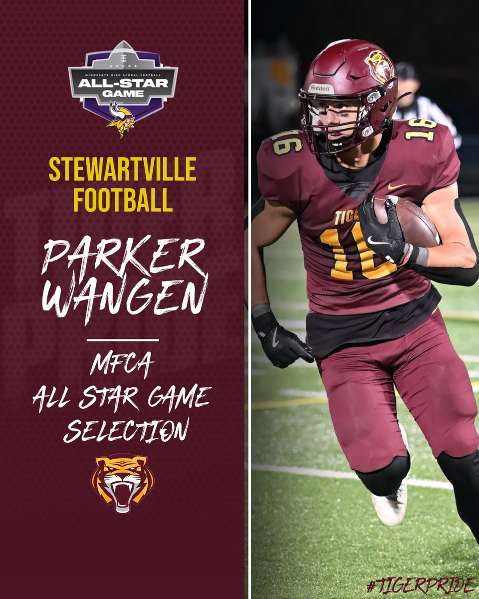 StewieFootball's tweet photo. Congrats to @parker_wangen and @GraysenSchneid1 for being selected to play in the 2024 Minnesota All Star Game! 

Game will be played at US Bank Stadium on Saturday, December 14th at 1pm! #WaterIt #TigerPride 

Game Info: https://t.co/myPIWu9AaQ

Tickets: https://t.co/72rFGeJ8Lx https://t.co/C0EEkotQEU