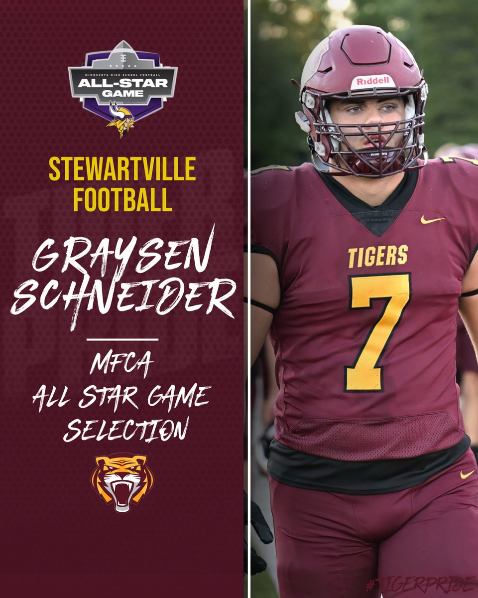 Stewartville Football (@stewiefootball) on Twitter photo Congrats to <a href="/parker_wangen/">Parker Wangen</a> and <a href="/GraysenSchneid1/">Graysen Schneider 2⭐️</a> for being selected to play in the 2024 Minnesota All Star Game!
Game will be played at US Bank Stadium on Saturday, December 14th at 1pm! #WaterIt #TigerPride
Game Info: allstarfootball.org
Tickets: am.ticketmaster.com/vikings/HSASG Congrats to <a href="/parker_wangen/">Parker Wangen</a> and <a href="/GraysenSchneid1/">Graysen Schneider 2⭐️</a> for being selected to play in the 2024 Minnesota All Star Game!
Game will be played at US Bank Stadium on Saturday, December 14th at 1pm! #WaterIt #TigerPride
Game Info: allstarfootball.org
Tickets: am.ticketmaster.com/vikings/HSASG