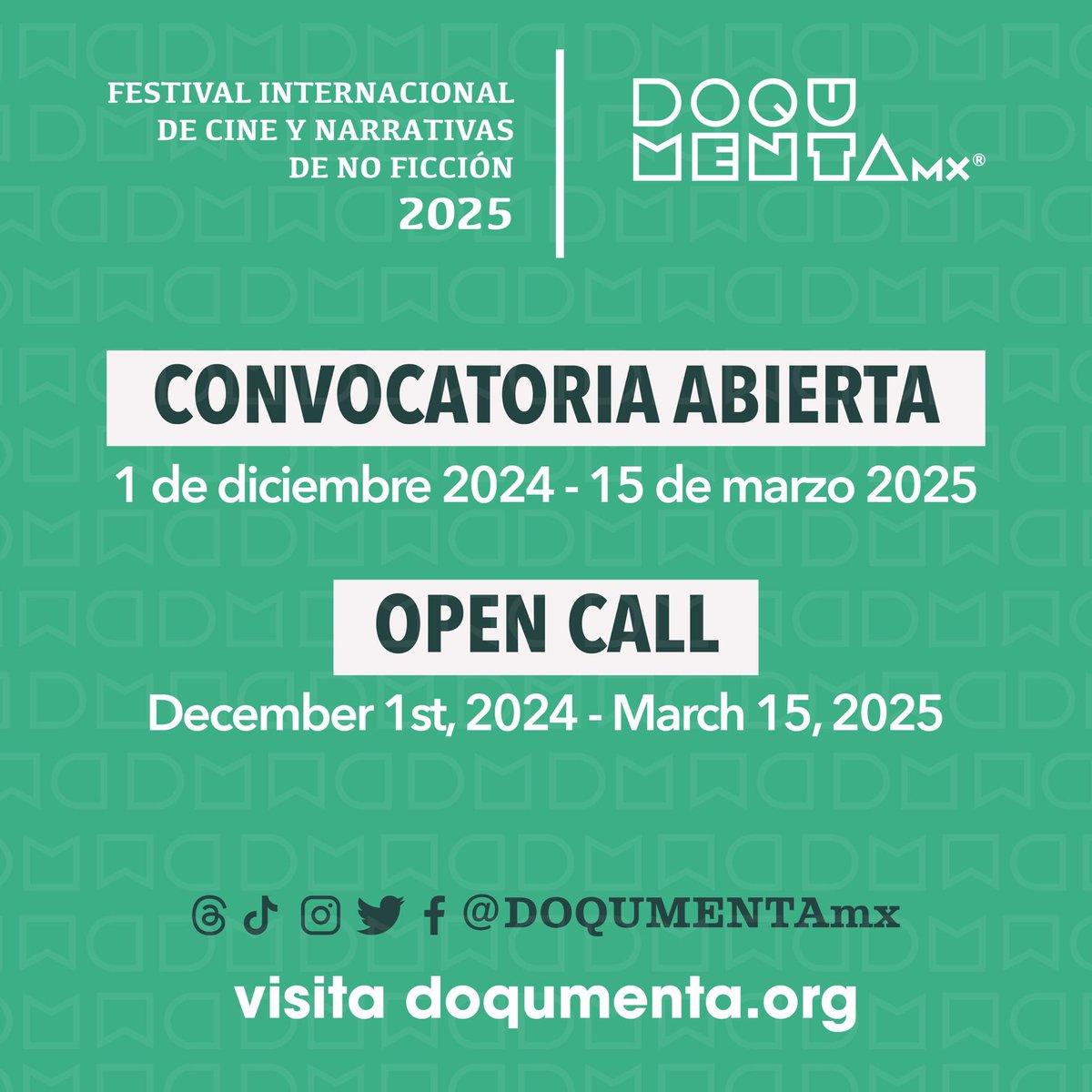 🎬 ¡La convocatoria para DOQUMENTA 2025 ya está abierta! 🎥✨

Conoce las bases aquí: drive.google.com/file/d/1VTf3N5… 

🔗 Inscribe tu proyecto en filmfreeway: filmfreeway.com/doqumenta