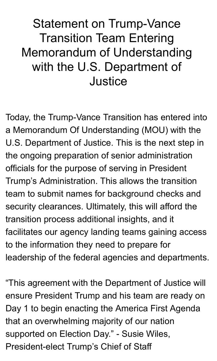 gayletrotter's tweet image. Memorandum of Understanding between DOJ and #TrumpTransition is complete
 #TrumpVance