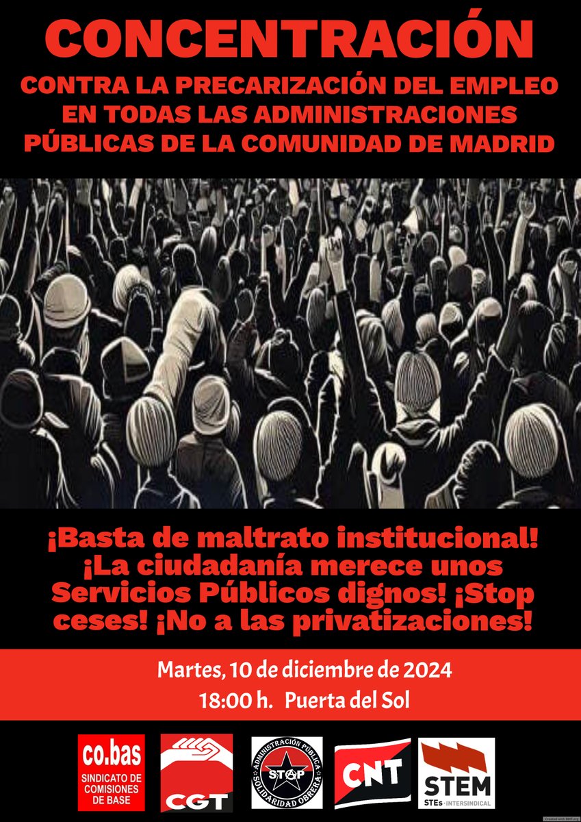 🧨¡MADRID ESTALLA CONTRA LA PRECARIEDAD EN LOS SERVICIOS PÚBLICOS!🧨
Personal maltratado y cesado, ciudadanía abandonada, "agentes sociales" pasivos...¡basta ya! ¡Sindicatos combativos, del lado del pueblo para frenar este atropello!
#StopCeses #FijezaYA #ServiciosPublicos