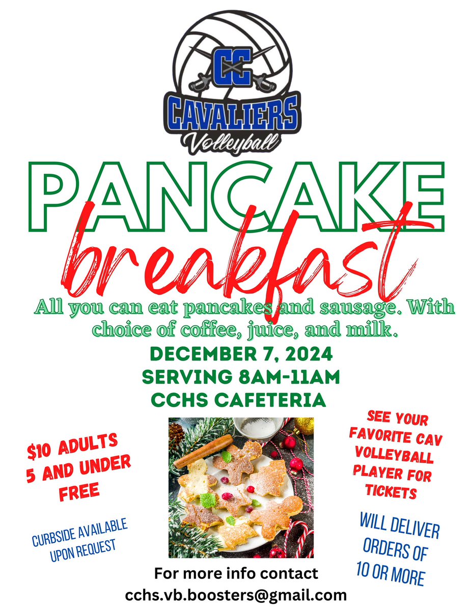 This Saturday is our annual Pancake Breakfast! If you haven’t gotten your ticket yet, ask a player or just show up between 8-11 am at Capital City! Your favorite volleyball player can’t wait to see you there!