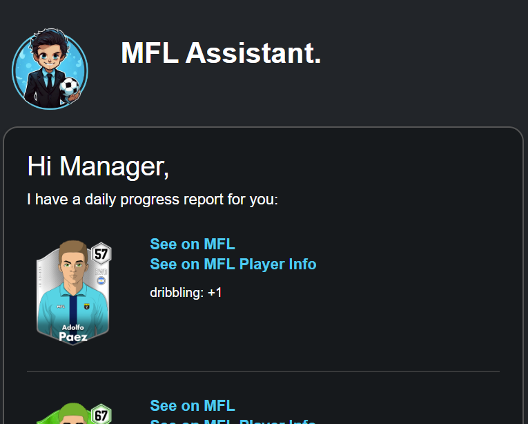 Alexis_MFL's tweet photo. 🔥 BETA: Introducing the Daily Progress Report! 🔥
Daily updates, delivered via email—detailed insights into the past 24 hours of your players' progress.
Link: https://t.co/JDTVxC8mdT
⚠️ That's quite addictive ⚠️
#DailyProgressReport #MFL https://t.co/jU3LW7JpFj