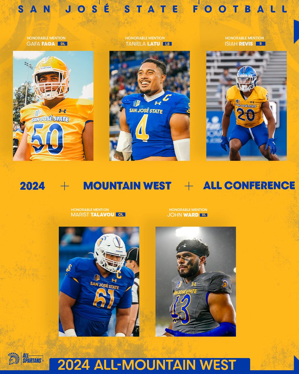 CONGRATULATIONS Nick Nash, Soane Toia, Jordan Pollard, Justin Lockhart, DJ Harvey, Rocket Rahimi, Gafa Faga, Taniela Latu, Isiah Revis, Marist Talavou and John Ward for earning All-Mountain West Honors❕

Most since 2021

🔗| bit.ly/3CWJxsF

#AllSpartans | #ThisIsSparta