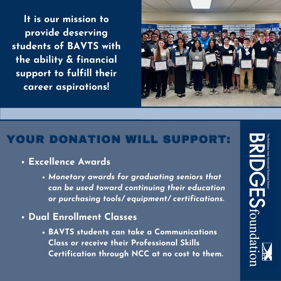 This #GivingTuesday consider a donation to the Bridges Foundation! Your generous support will help us continue to be able to invest in BAVTS students and the workforce of the future in the Lehigh Valley and beyond.

Donate online HERE! crm.bloomerang.co/HostedDonation…