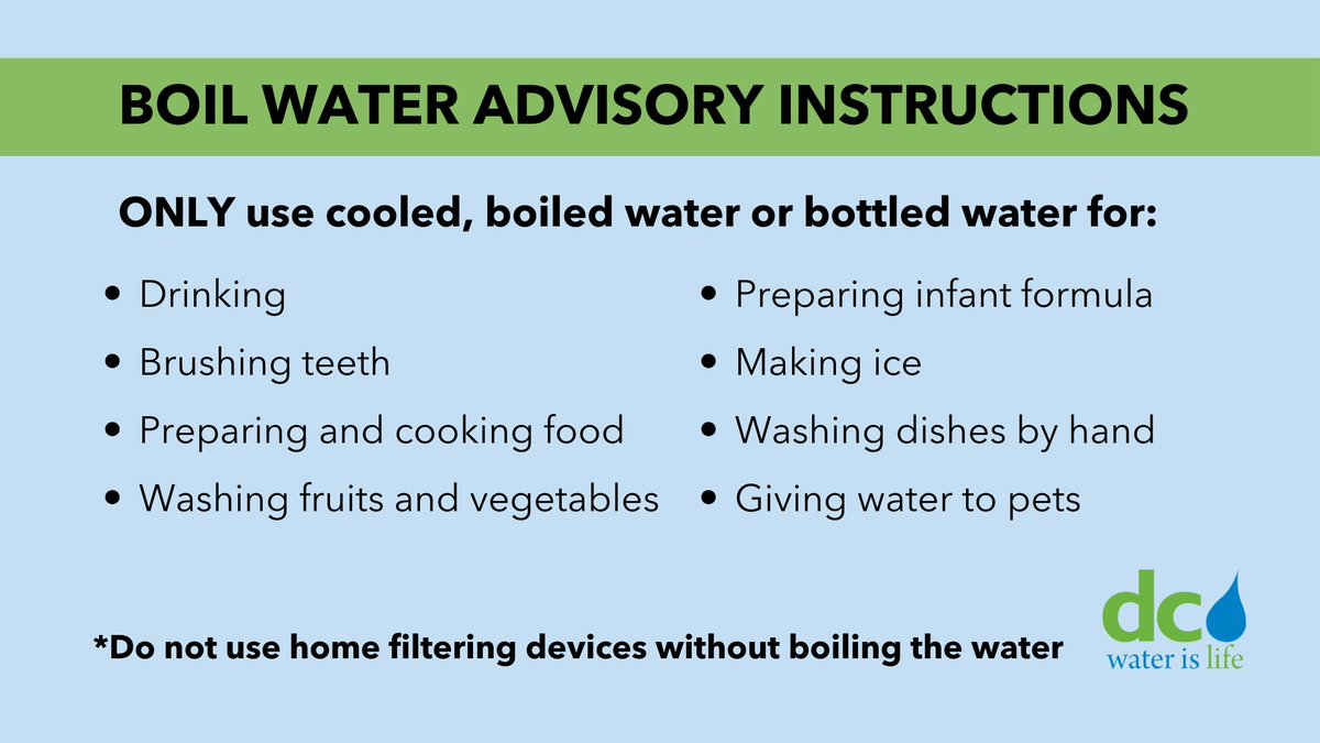 DC Water issued a Boil Water Advisory for some customers in Northeast D.C. due to low water pressure/ loss of water on Dec 3. Affected customers should boil water used for drinking or cooking until testing confirms safety. dcwater.com/bwa or call (202) 612-3400 for info