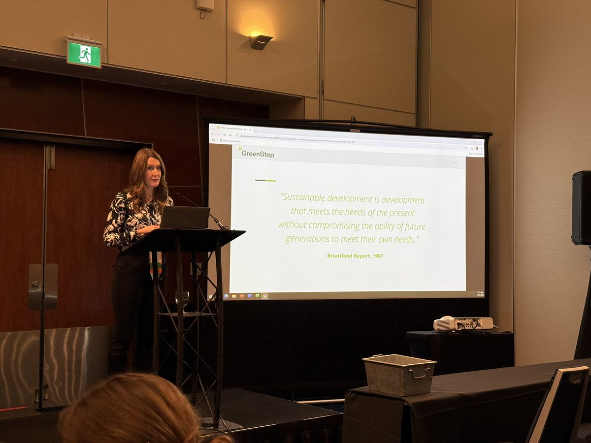 “Sustainable development is development that meets the needs of the present without compromising the ability of future generations to meet their own needs.” ⁃Brundtland Report 1987 

Thank you Angela Nagy of <a href="/GreenStepInc/">GreenStep</a> for kicking off <a href="/TIAC_AITC/">The Tourism Industry Association of Canada</a> Congress with this #workshop
