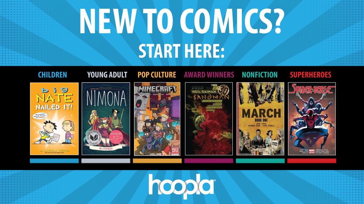 New to comics? Discover the perfect gateway into comics with hoopla's curated collection. From superheroes, to children's picks and award winners, there's something for every new reader. Get started today with your AHPL card! loom.ly/FMbK3AQ