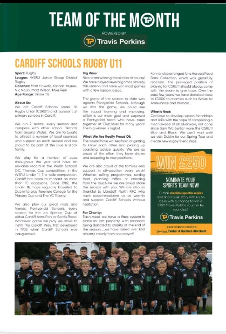 We are delighted to see Cardiff Schools Rugby U11s announced as the Team of the Month in this month's issue of <a href="/Sportin_Wales/">Sportin Wales</a> 

#TheCardiffWay #OneSquad