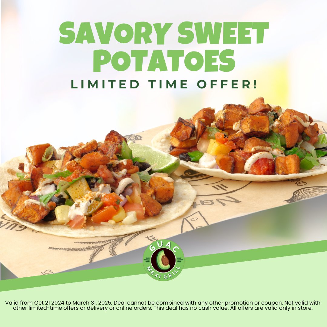 Satisfy your cravings with our Limited Time Savory Sweet Potatoes! 🍠🤤 

Available from Oct 21, 2024 to March 31, 2025—grab them while you can! 🔥

🥑 Find your nearest Guac Location: guacmexigrill.ca/locations/ 
🌮 Order Online: guacmexigrill.ca/guacmenu