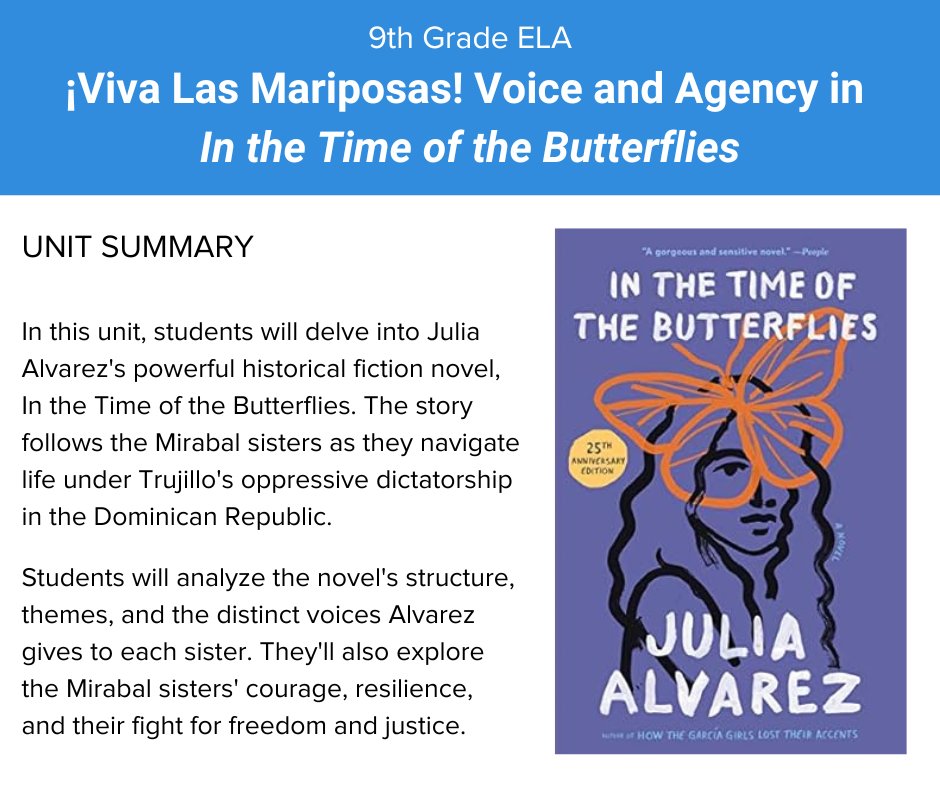 Discover the Power of Voice 🗣️ Join us for Unit 4 as we dive into In the Time of the Butterflies. Explore how Julia Alvarez uses storytelling to bring the Mirabal sisters' inspiring story to life >> fshtnk.org/3AVoohH