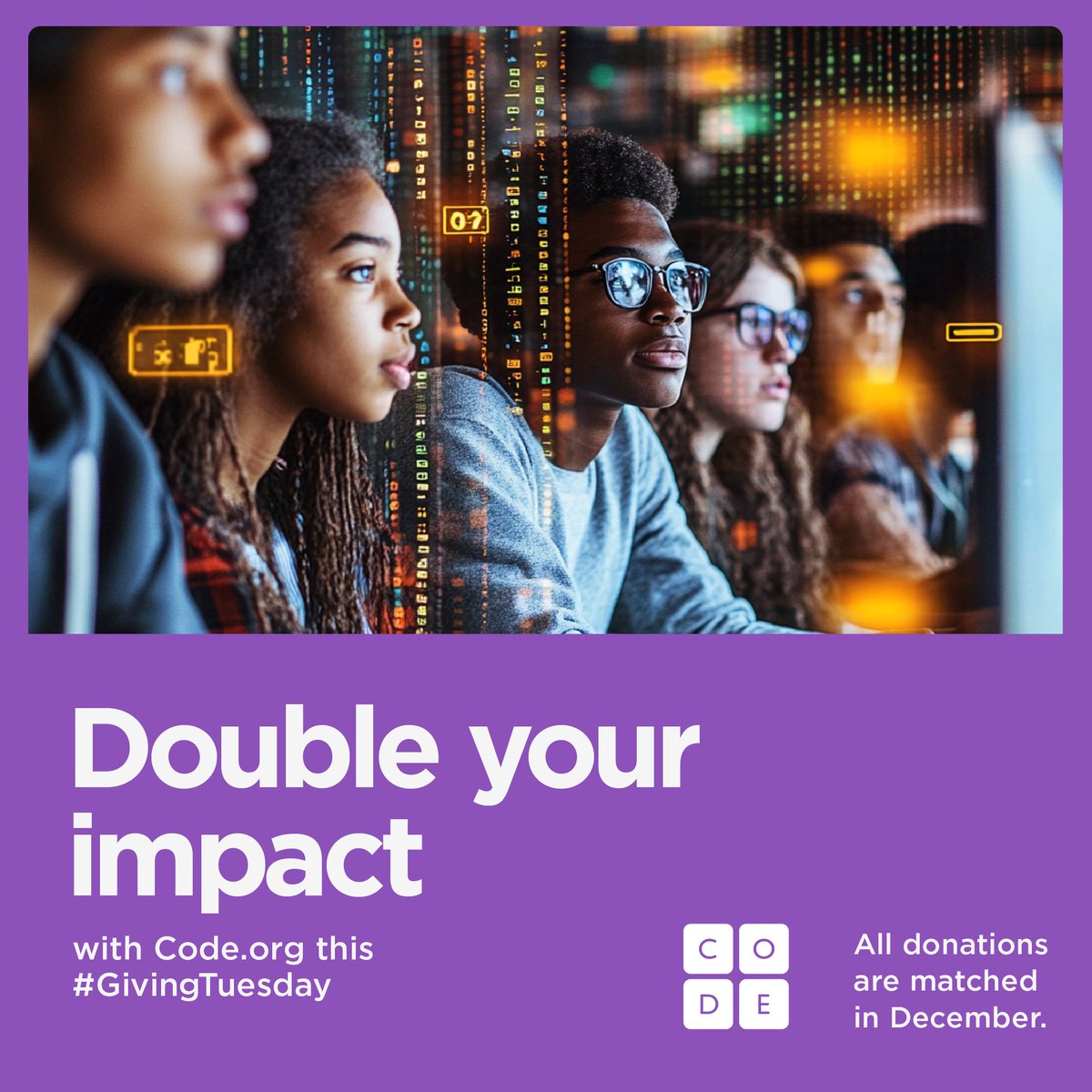 codeorg's tweet photo. Only 60% of public high schools offer foundational computer science courses, leaving millions of students without access to the skills they need for the future. This #GivingTuesday, help us ensure every student can learn to code. Donate today:  https://t.co/WAFkKGwAl2 https://t.co/oZtKwQNGTp