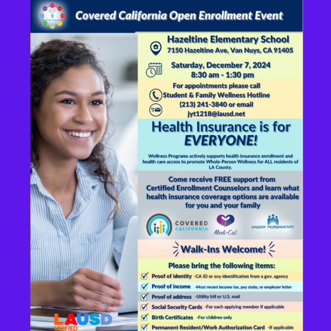 LAUSD_CHAMP (@lausd_champ) on Twitter photo Health Insurance is for EVERYONE!
📞 For appointments please call The Student & Family Wellness Hotline at (213) 241-3840 and secure your spot!
<a href="/CoveredCA/">Covered California</a> Health Insurance is for EVERYONE!
📞 For appointments please call The Student & Family Wellness Hotline at (213) 241-3840 and secure your spot!
<a href="/CoveredCA/">Covered California</a>