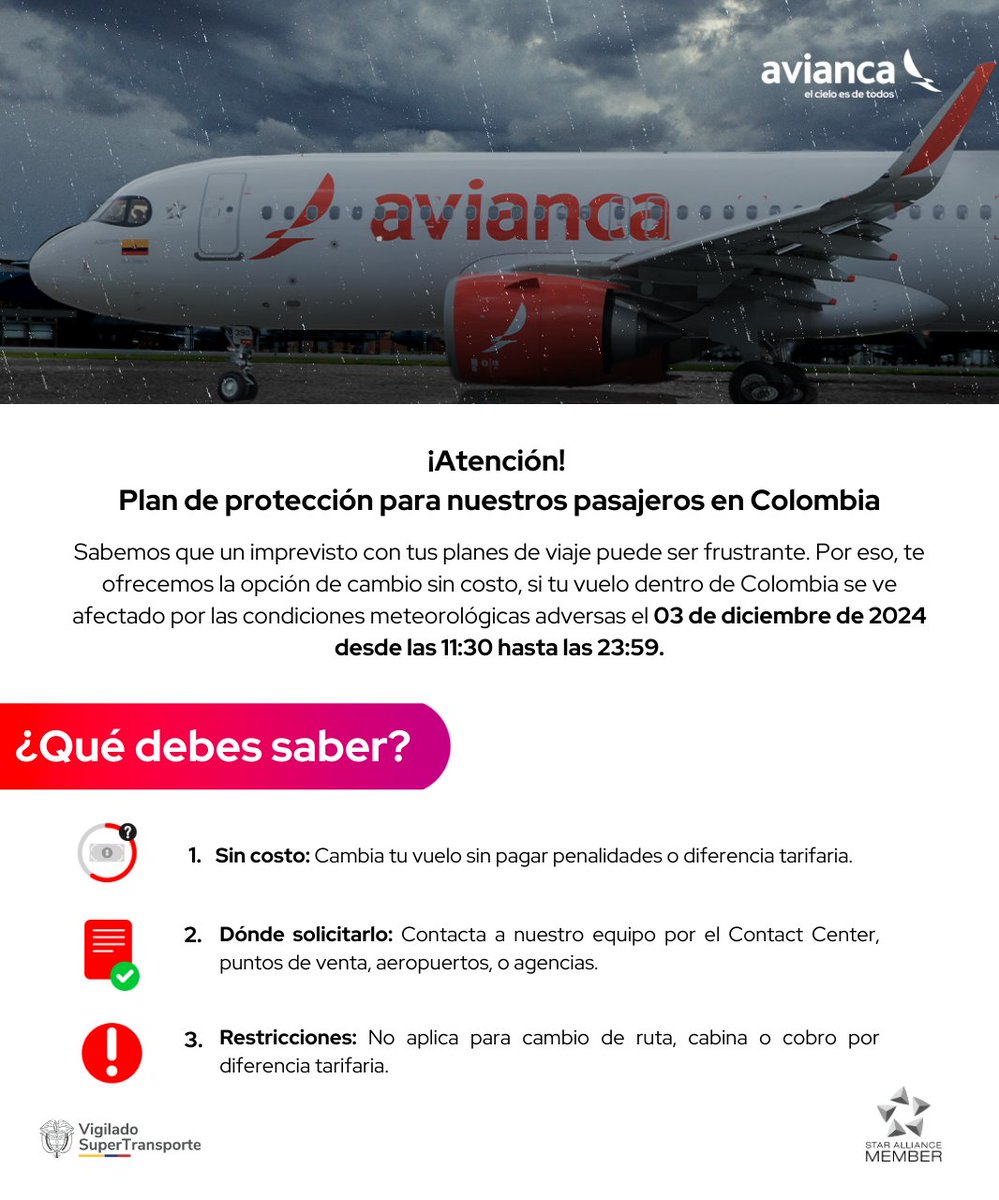 aviancateguia's tweet photo. ¡Atención, pasajeros! 🚨 

Información importante debido al pronóstico de mal clima en Colombia: https://t.co/wm5Covo7GS