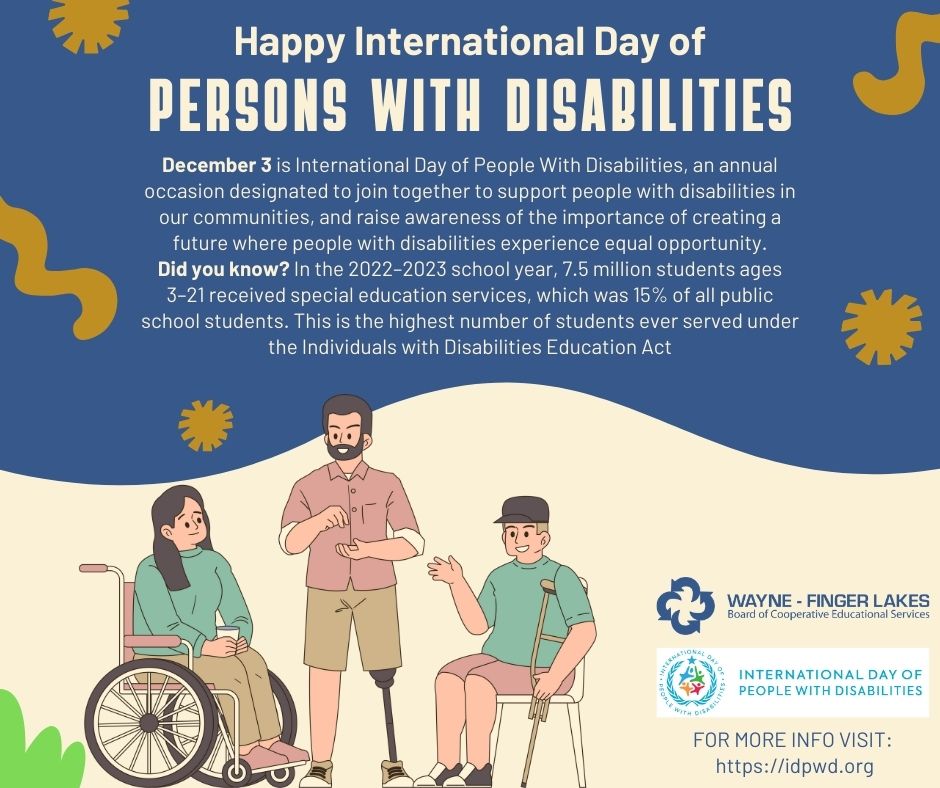 WFL_BOCES's tweet photo. 🌟 Today is International Day of People with Disabilities! 🌟
Let’s come together to support individuals with disabilities, raise awareness, and build a future of equal opportunity. #wflboces #belongingatBOCES #makingsuccesspossible https://t.co/t5oazc4uq7