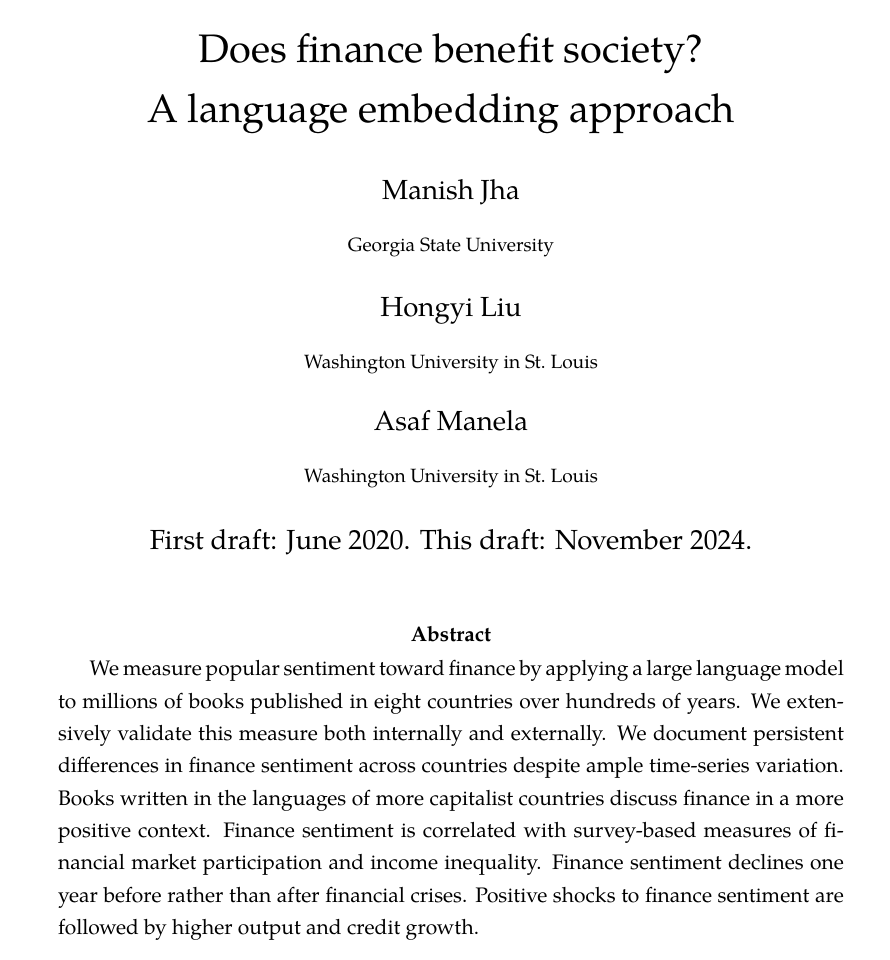 Asaf Manela (@asafmanela) on Twitter photo 1/ Does finance benefit society? 📈📉In a forthcoming Review of Financial Studies paper, <a href="/mjha91/">Manish Jha</a>, Hongyi Liu, and yours truly tackle this question by leveraging large language models to measure sentiments in books spanning centuries and continents. 🧵 1/ Does finance benefit society? 📈📉In a forthcoming Review of Financial Studies paper, <a href="/mjha91/">Manish Jha</a>, Hongyi Liu, and yours truly tackle this question by leveraging large language models to measure sentiments in books spanning centuries and continents. 🧵