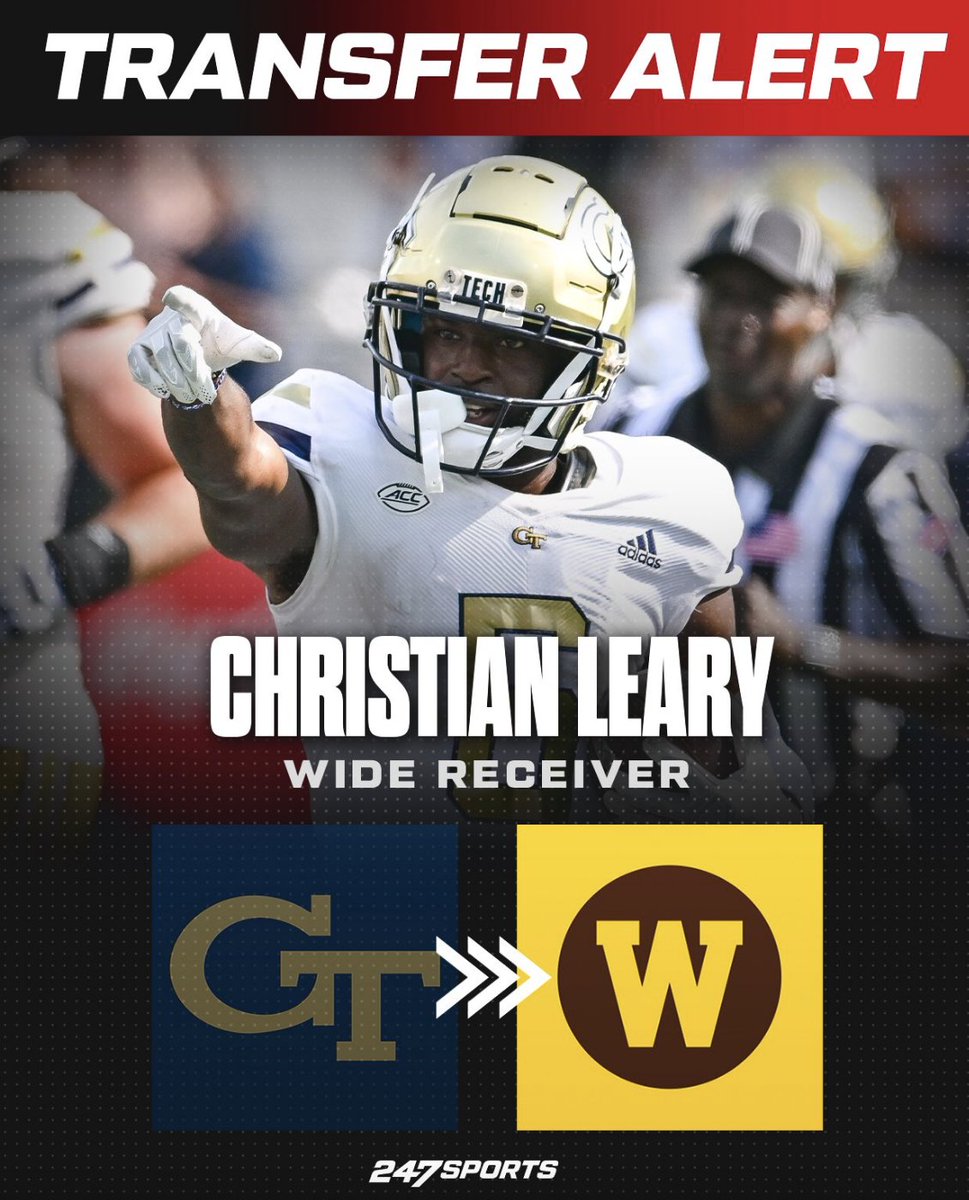 Chris Hummer (@chris_hummer) on Twitter photo Georgia Tech WR transfer Christian Leary has committed to Western Michigan, his agency @bzsportsmgmt tells <a href="/mzenitz/">Matt Zenitz</a> and I for <a href="/247Sports/">247Sports</a>/<a href="/CBSSportsCFB/">CBS Sports College Football 🏈</a>.
A former 4-star recruit and Alabama signee, Leary caught 25 passes for 309 yards and 2 TDs in 2023 with Georgia Tech. Georgia Tech WR transfer Christian Leary has committed to Western Michigan, his agency @bzsportsmgmt tells <a href="/mzenitz/">Matt Zenitz</a> and I for <a href="/247Sports/">247Sports</a>/<a href="/CBSSportsCFB/">CBS Sports College Football 🏈</a>.
A former 4-star recruit and Alabama signee, Leary caught 25 passes for 309 yards and 2 TDs in 2023 with Georgia Tech.