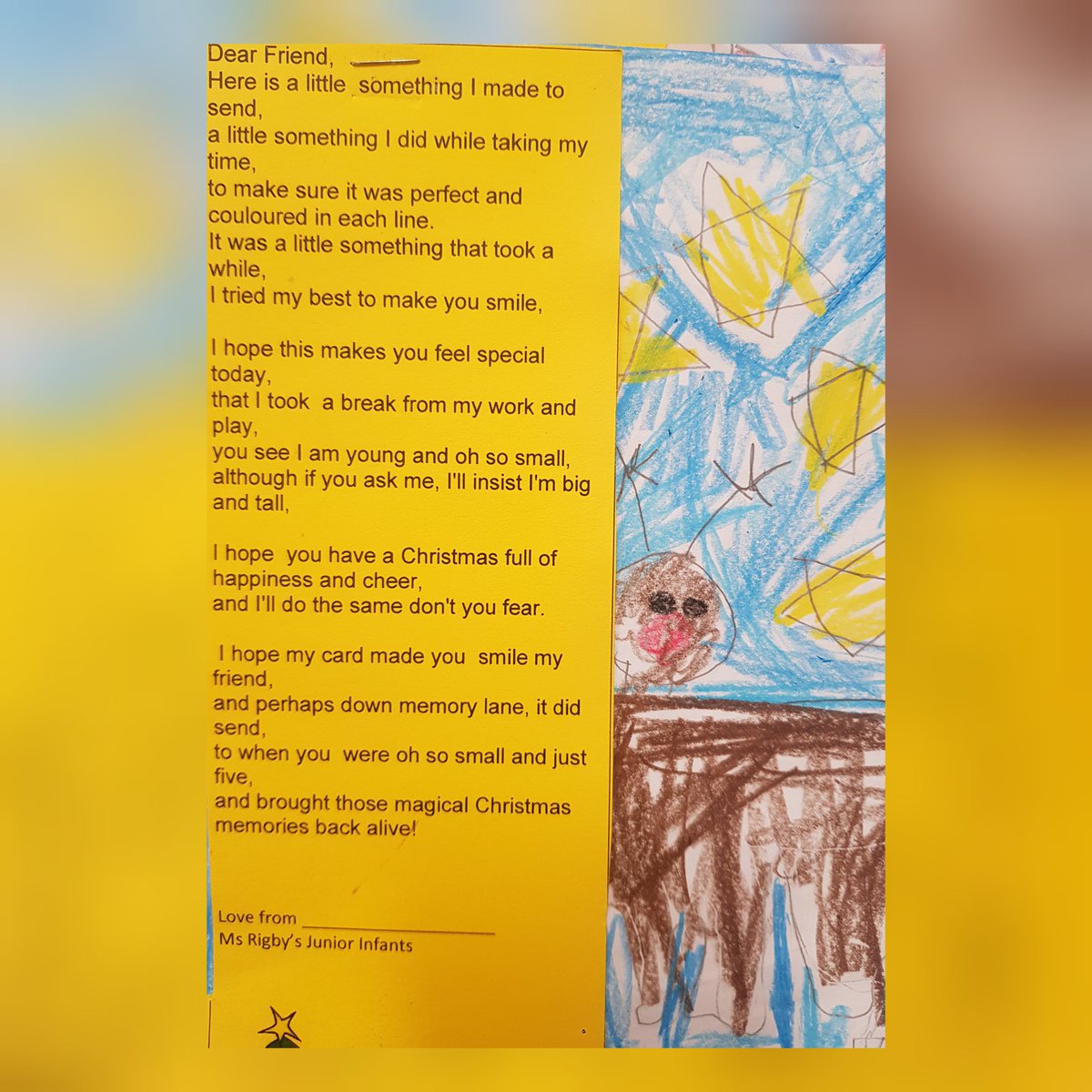 msrigbysclass's tweet photo. We have sent off our @carepack_ie Christmas drawings  today! 6 Nursing  homes in Dublin and Mayo  will  get lovely drawings from us in Junior Infants  🎄🎄 @followstannes https://t.co/twnDiSdZU9