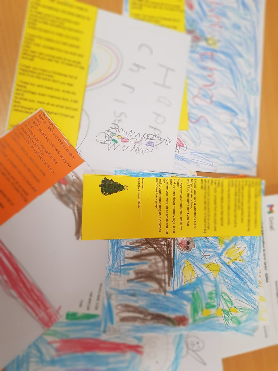 msrigbysclass's tweet photo. We have sent off our @carepack_ie Christmas drawings  today! 6 Nursing  homes in Dublin and Mayo  will  get lovely drawings from us in Junior Infants  🎄🎄 @followstannes https://t.co/twnDiSdZU9