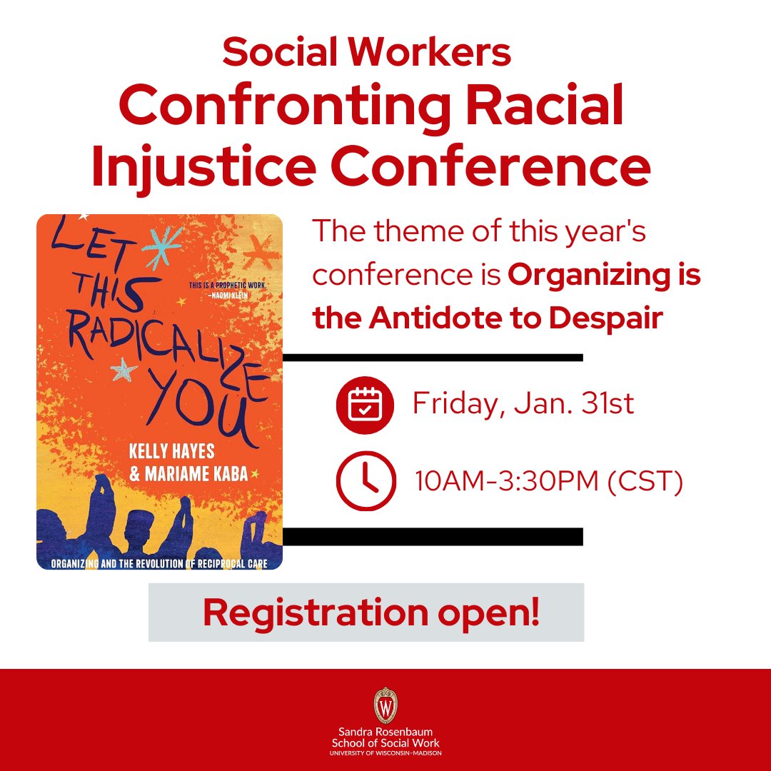 Time to register for our annual Social Workers Confronting Racial Injustice Conference! 

This conference will feature a plenary presentation from Kelly Hayes and Mariame Kaba, as well as many breakout sessions.

forms.gle/zgbiMHpk19aCsR…