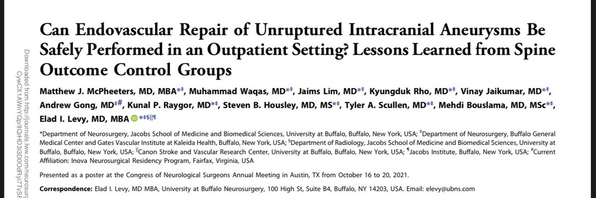 Elad Levy (@eladlevymd) on Twitter photo Outpatient endovascular treatment of aneurysms- is it safe? That’s the question! See our approach to this complex question. Our future is now.
<a href="/NeurosurgeryCNS/">Neurosurgery Publications</a>
<a href="/ubnsvascular/">UBNS Vascular</a>
<a href="/rosalind_lai/">Rosalind Lai, MD</a> <a href="/MMcPheetersMD/">Matthew McPheeters</a> <a href="/jaims_lim/">Jaims Lim</a> <a href="/kunalraygor/">Kunal Raygor, MD</a> <a href="/BouslamaMd/">Mehdi Bouslama, MD, MSc</a> <a href="/svinsociety/">SVIN</a> <a href="/CNS_Update/">CNS</a> <a href="/AANSNeuro/">AANS</a> Outpatient endovascular treatment of aneurysms- is it safe? That’s the question! See our approach to this complex question. Our future is now.
<a href="/NeurosurgeryCNS/">Neurosurgery Publications</a>
<a href="/ubnsvascular/">UBNS Vascular</a>
<a href="/rosalind_lai/">Rosalind Lai, MD</a> <a href="/MMcPheetersMD/">Matthew McPheeters</a> <a href="/jaims_lim/">Jaims Lim</a> <a href="/kunalraygor/">Kunal Raygor, MD</a> <a href="/BouslamaMd/">Mehdi Bouslama, MD, MSc</a> <a href="/svinsociety/">SVIN</a> <a href="/CNS_Update/">CNS</a> <a href="/AANSNeuro/">AANS</a>