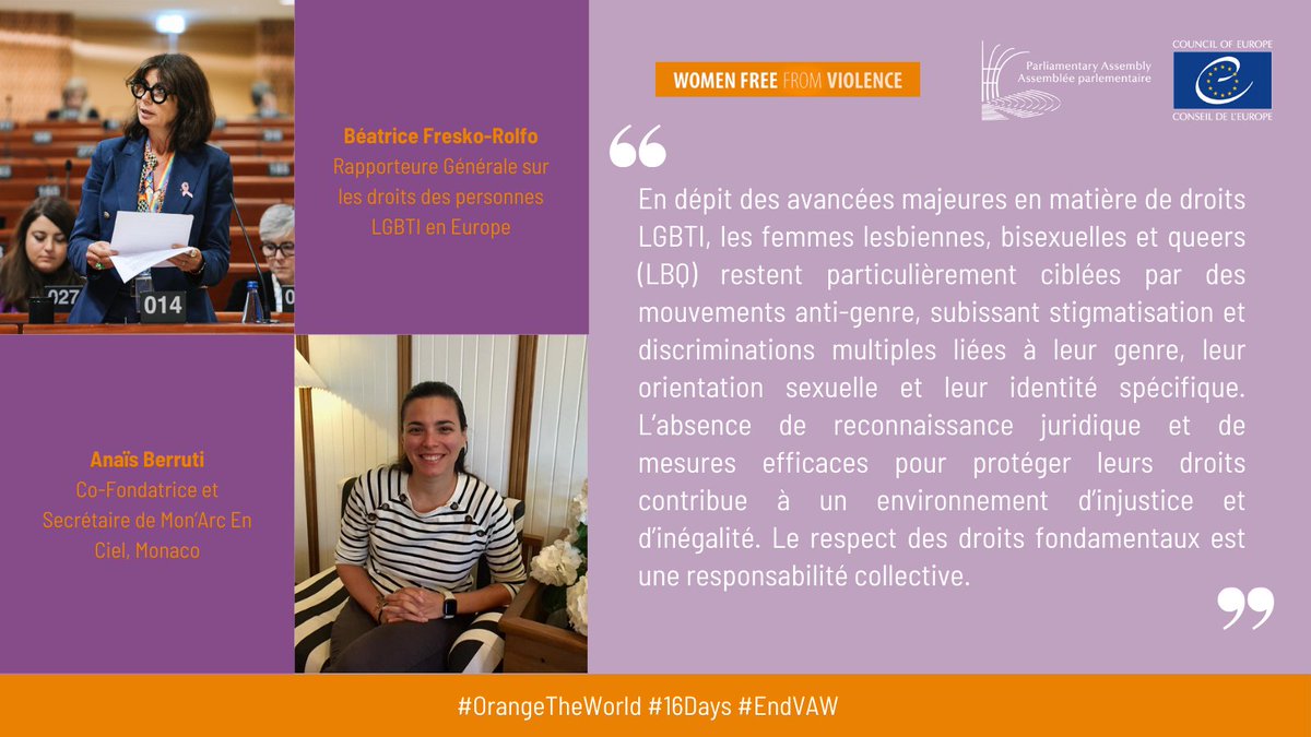 PACE_Equality (@pace_equality) on Twitter photo 🔸Malgré les progrès des droits des personnes LGBTI, <a href="/BeatriceFresko/">Béatrice FreskoRolfo</a> & Anaïs Berruti rappellent que les #femmesLBQ sont victimes de stigmatisation et de discriminations. Il est temps de garantir leur reconnaissance & leur protection.
#16DaysofActivisim2024 #endVAWG 🔸Malgré les progrès des droits des personnes LGBTI, <a href="/BeatriceFresko/">Béatrice FreskoRolfo</a> & Anaïs Berruti rappellent que les #femmesLBQ sont victimes de stigmatisation et de discriminations. Il est temps de garantir leur reconnaissance & leur protection.
#16DaysofActivisim2024 #endVAWG