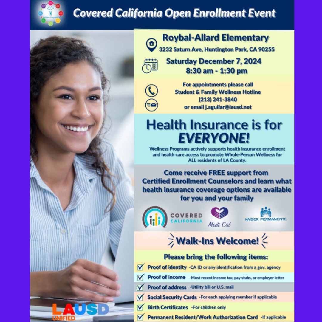 LAUSD_CHAMP (@lausd_champ) on Twitter photo Health Insurance is for EVERYONE! 📞 For appointments please call The Student & Family Wellness Hotline at (213) 241-3840 and secure your spot!
<a href="/CoveredCA/">Covered California</a> Health Insurance is for EVERYONE! 📞 For appointments please call The Student & Family Wellness Hotline at (213) 241-3840 and secure your spot!
<a href="/CoveredCA/">Covered California</a>