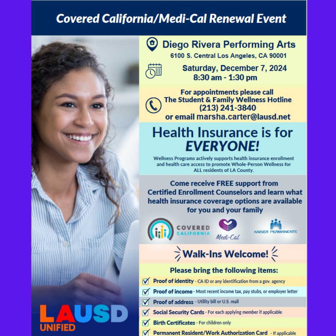LAUSD_CHAMP (@lausd_champ) on Twitter photo Health Insurance is for EVERYONE! 📞 For appointments please call The Student & Family Wellness Hotline at (213) 241-3840 and secure your spot!
<a href="/CoveredCA/">Covered California</a> Health Insurance is for EVERYONE! 📞 For appointments please call The Student & Family Wellness Hotline at (213) 241-3840 and secure your spot!
<a href="/CoveredCA/">Covered California</a>