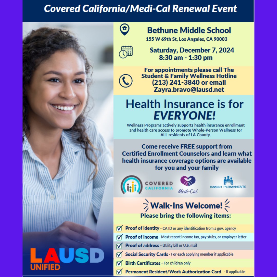 LAUSD_CHAMP (@lausd_champ) on Twitter photo Health Insurance is for EVERYONE! 📞 For appointments please call The Student & Family Wellness Hotline at (213) 241-3840 and secure your spot!
<a href="/CoveredCA/">Covered California</a> Health Insurance is for EVERYONE! 📞 For appointments please call The Student & Family Wellness Hotline at (213) 241-3840 and secure your spot!
<a href="/CoveredCA/">Covered California</a>